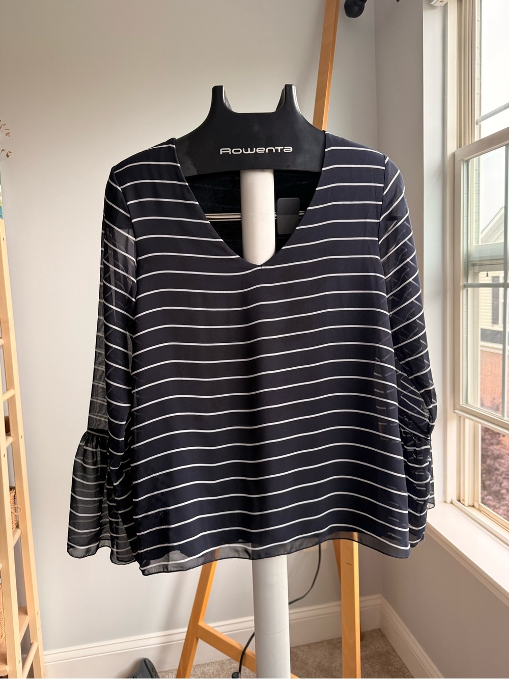 Banana Republic dark blue and white Striped V-Neck Blouse